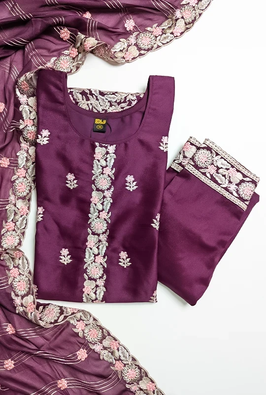 Deep Purple Floral Georgette Three Piece (DN#287-2) Stitched