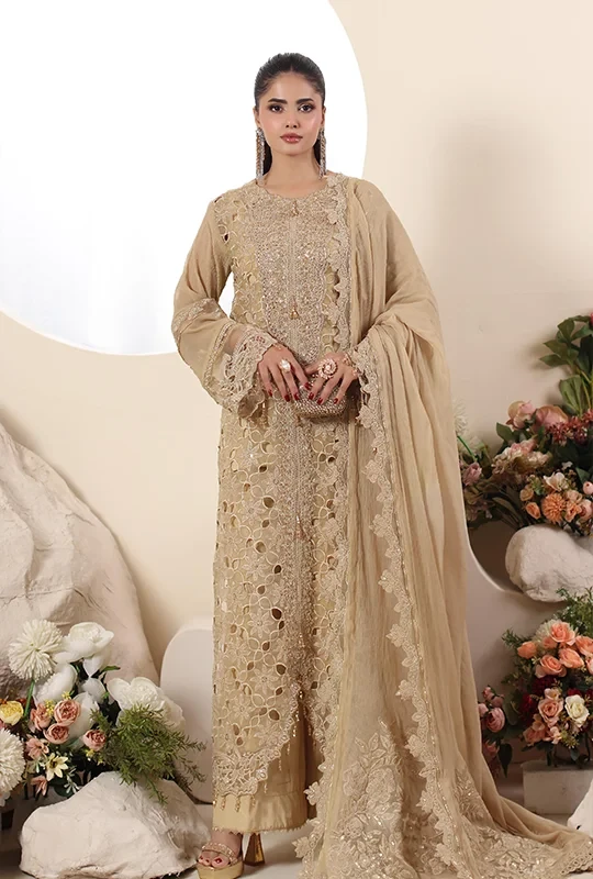 Alzohaib Formal Elor Organza - Tan Beige 3pcs (Unstitched)