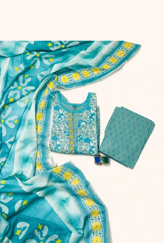 White Floral Print Cotton With Embroidered Three Pcs