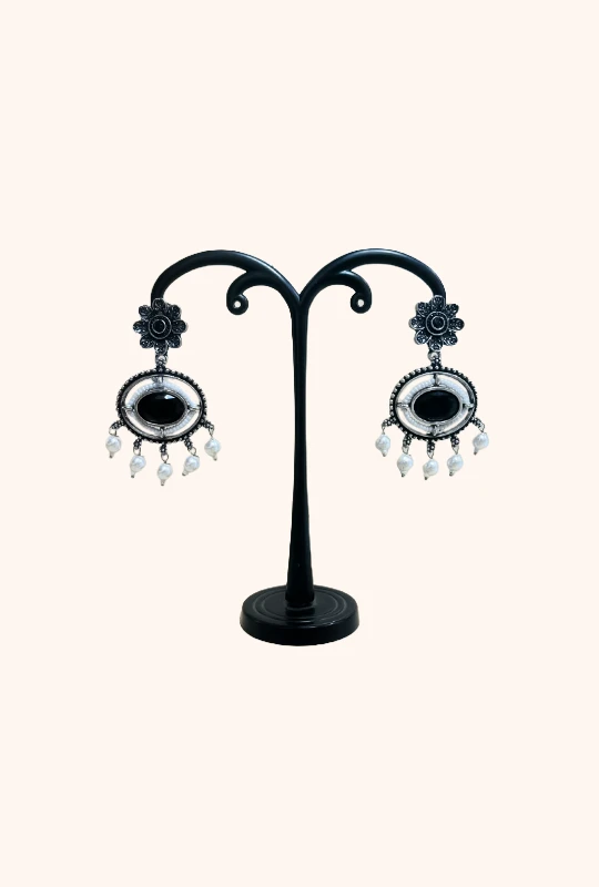 Oxidised Silver Finish Simulated Emerald Stones & White Pearl Earrings