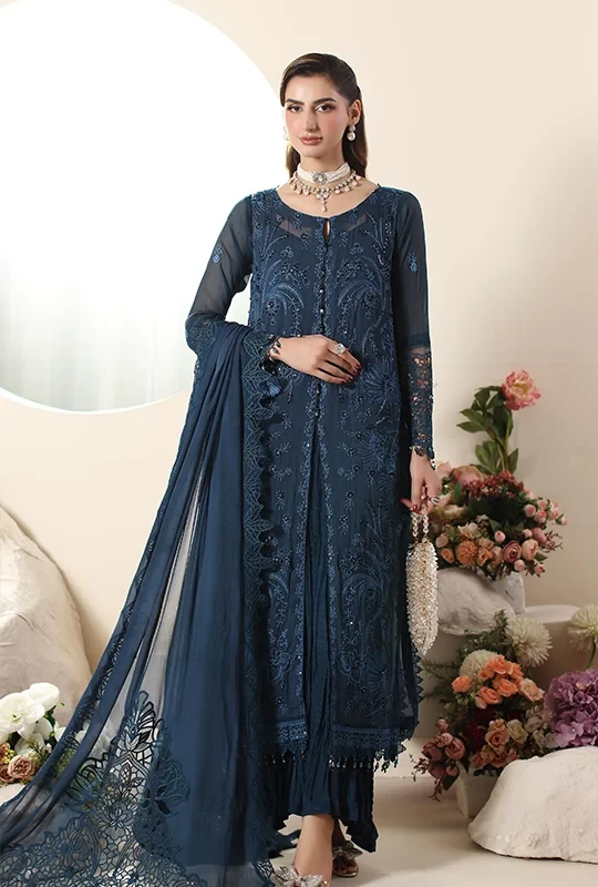 Alzohaib Formal Elor Organza - Blue 3pcs (Unstitched)