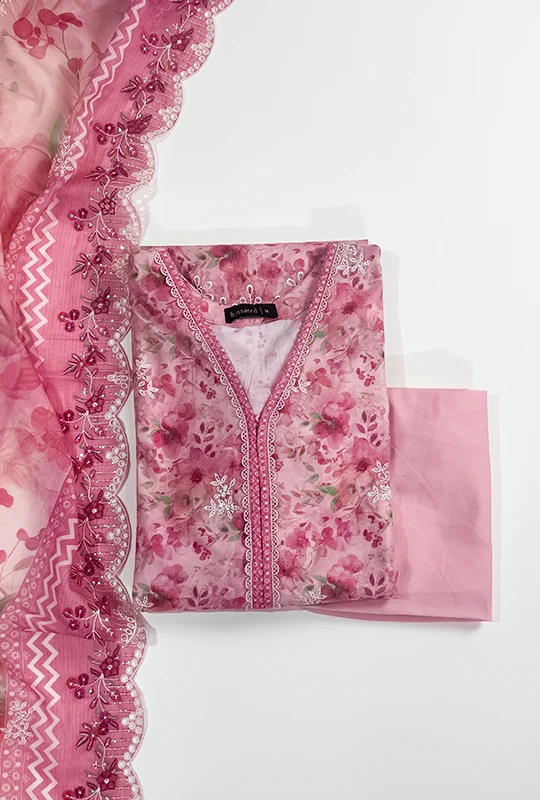 Bin Saeed Premium Lawn Lace Work With Embroidery - Pink 3pcs (stitched)