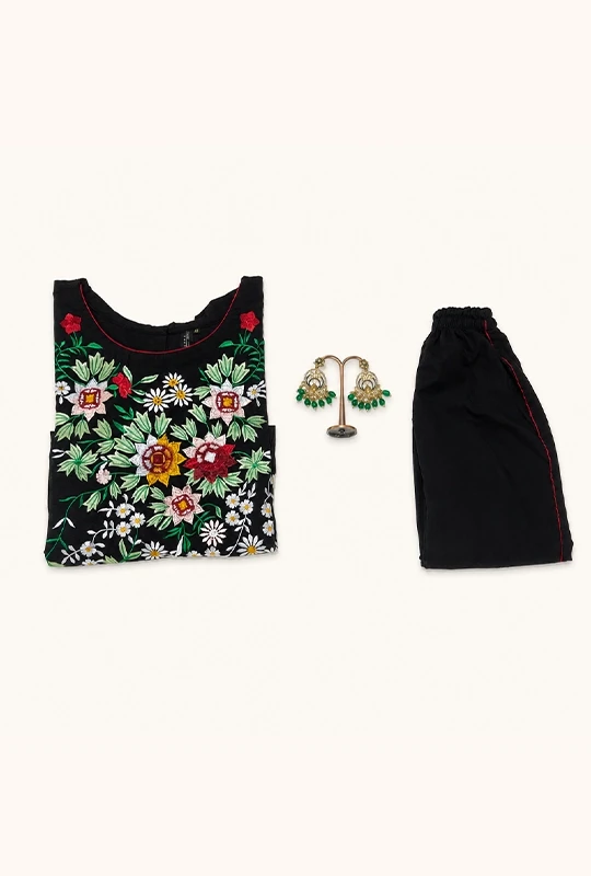 Good Vibes Floral Embo Work Co-Ord Set (Black)