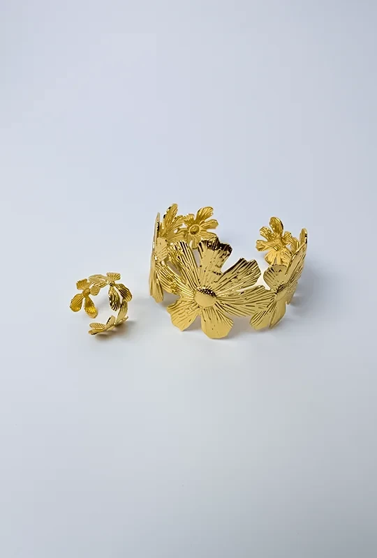 Golden Bloom Statement Cuff Bracelet & Finger Ring Set