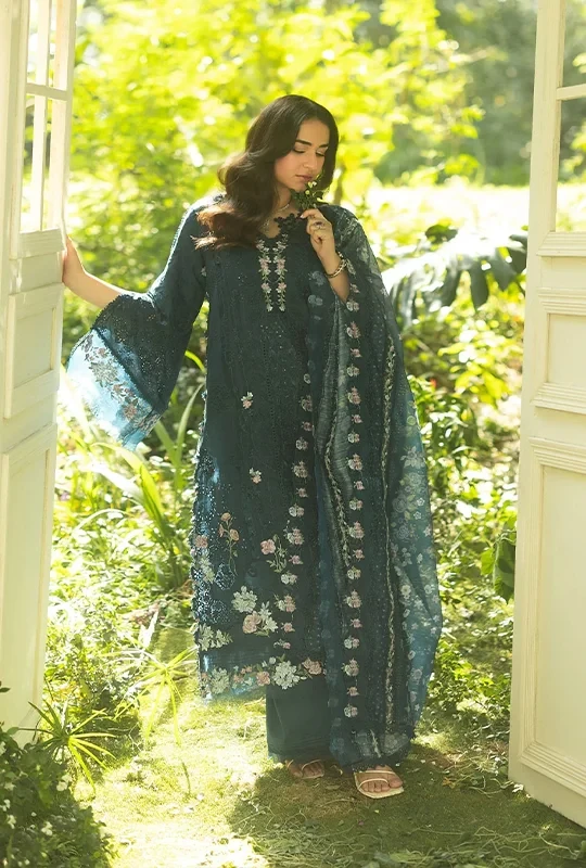 Elaf Luxury Lawn Vol-02 Embroidered - Teal Blue 3Pcs (Unstitched)