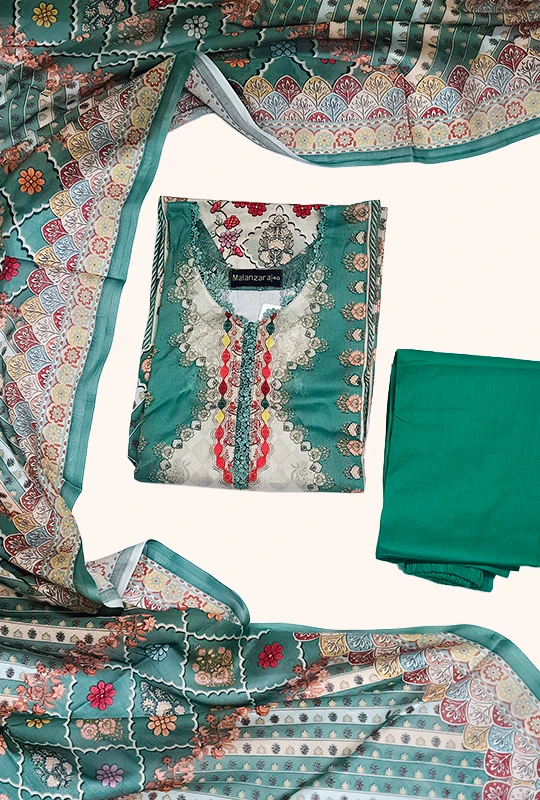 Green Floral Cotton - 3Pcs (Stitched)