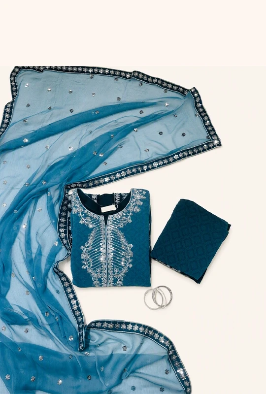 Original Pakistani Maria Fabrics Embroidery Chiffon (Teal Blue) - 03pcs