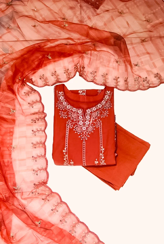 Pakistani Inspired Rust Elegance - 03pcs (Stitched)